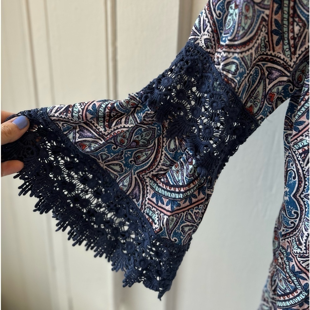 Democracy Bohemian Blue Size Small Top Bell 3/4 Length Sleeve Paisley Lace - Picture 7 of 10